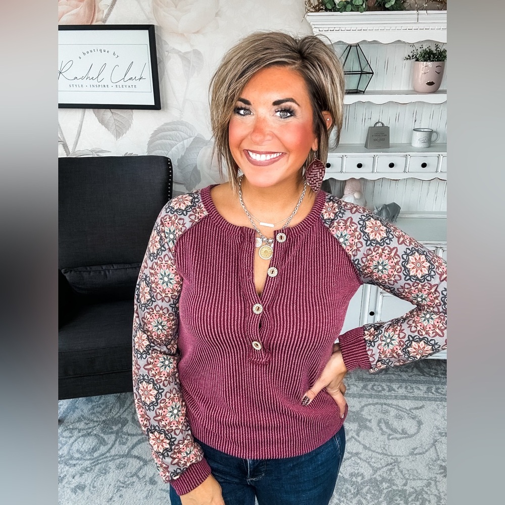 Floral Sleeve Burgundy Top